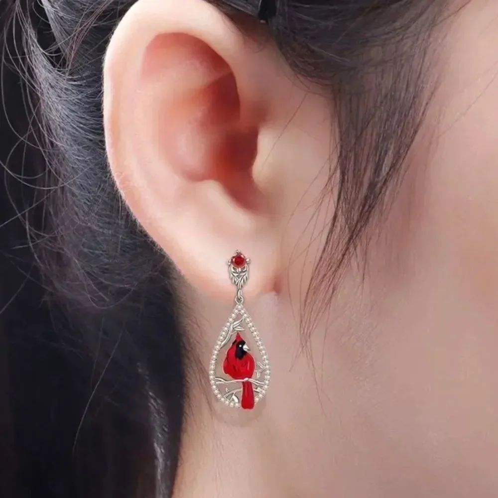 Red Cardinal Silver Diamond Earrings - Picture 2 of 4